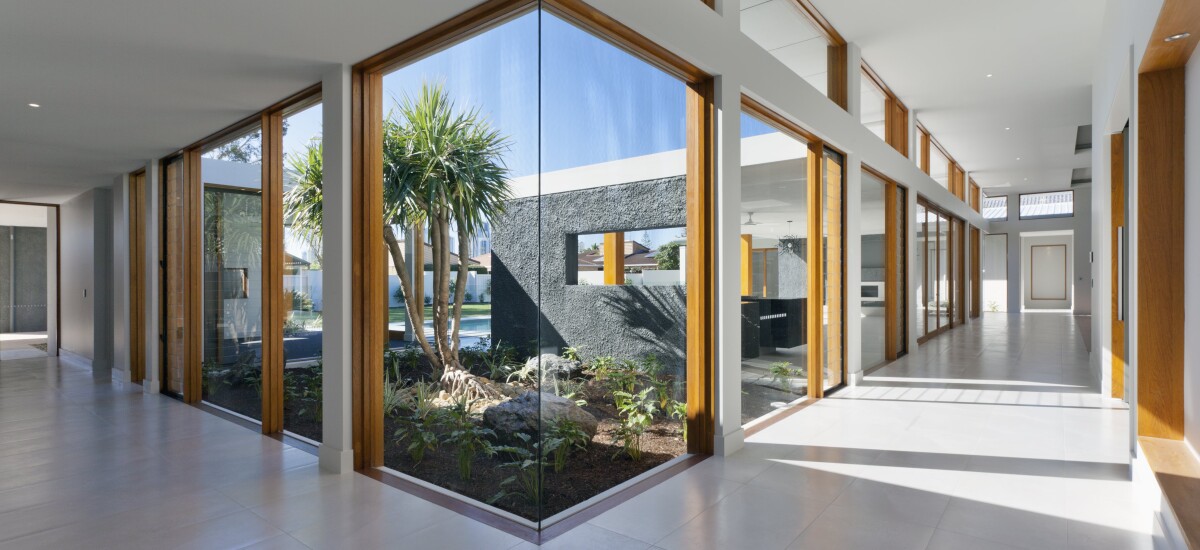 Windows inside open modern home hallway