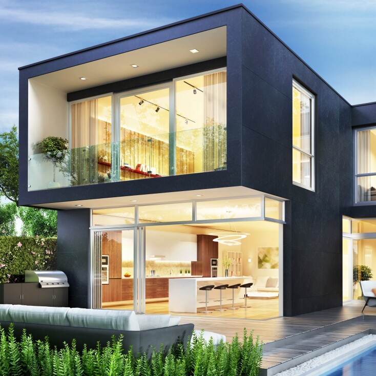 black square architecturally designed home glass front
