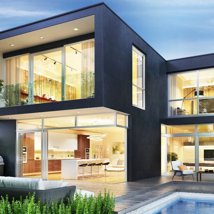 black square architecturally designed home glass pool area